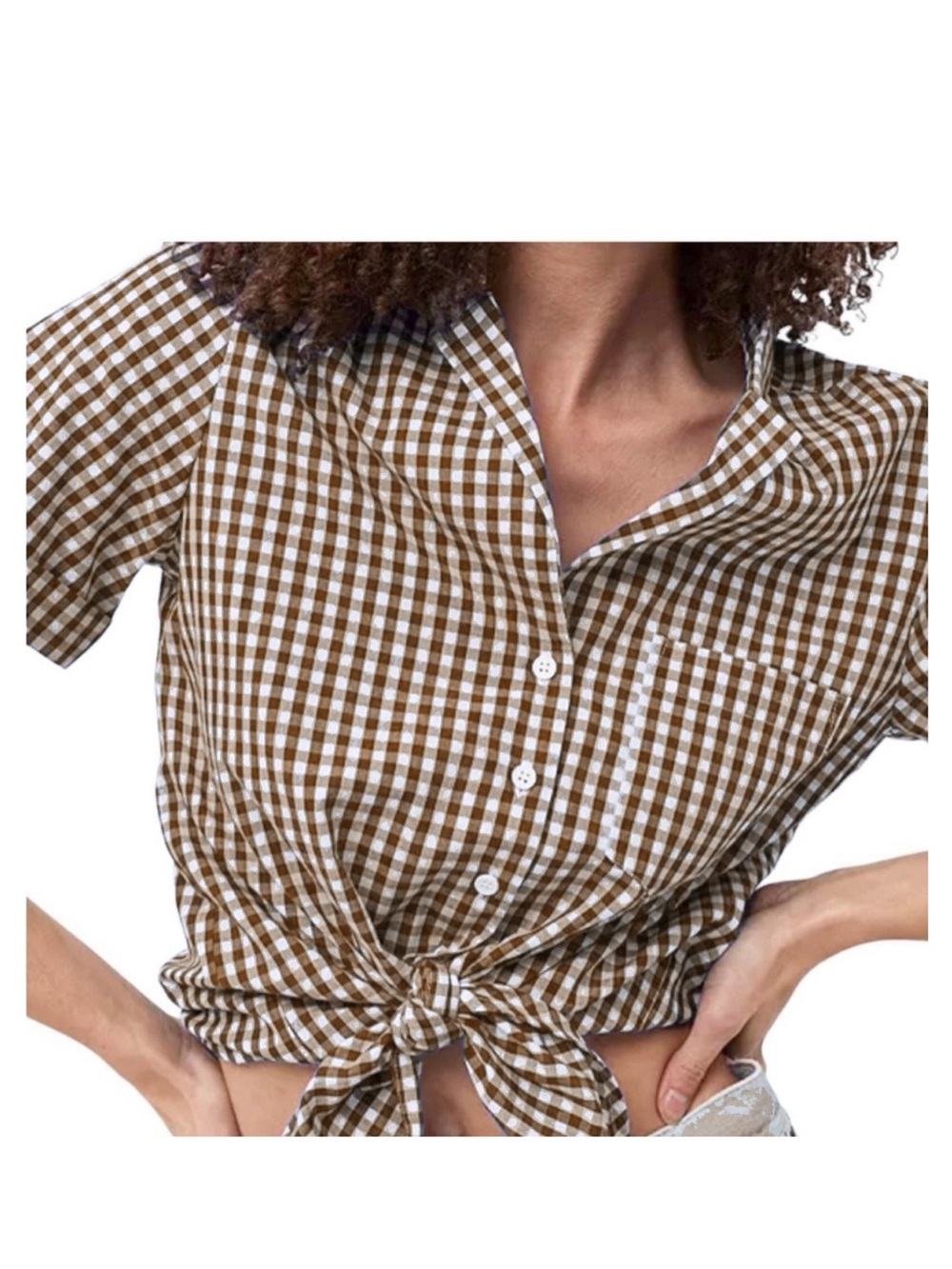French Connection Brown Gingham Tie-Front Button Down Shirt